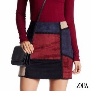 ZARA WOMAN Patchwork Suede Mini Skirt - Black, Red, Cream